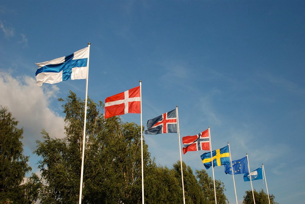 Flags from left to right: Finland, Denmark, Iceland, Norway, Sweden