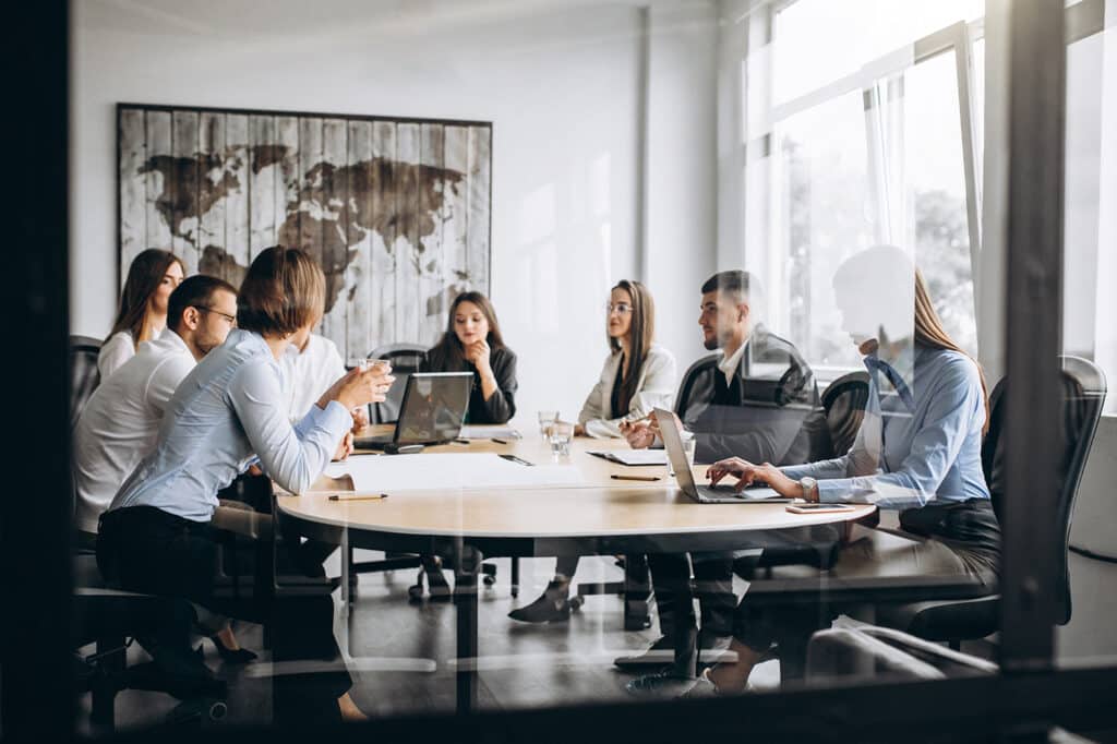 Group working together on a business plan in the office